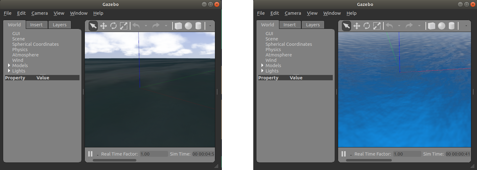 Empty gazebo environments. <br><i>Leftmost</i>: Empty world. <br><i>Rightmost</i>: empty world with waves.